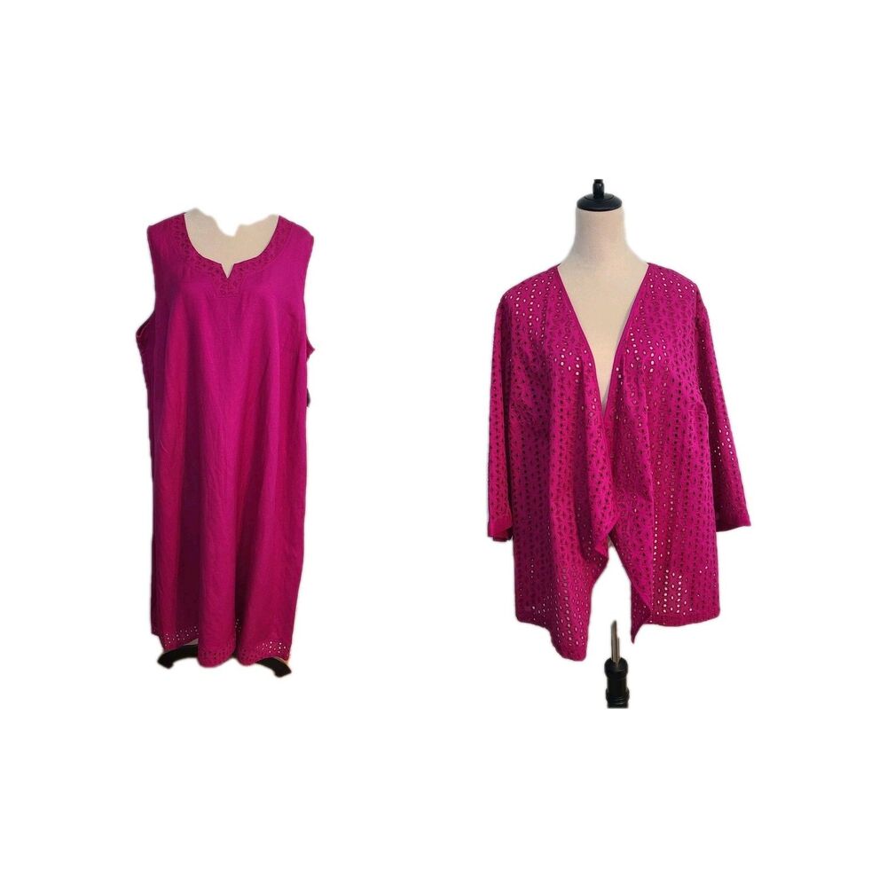 Catherines Black Label Linen Blend Dress Jacket 2pc 2X 22W Magenta Eyelet Boho